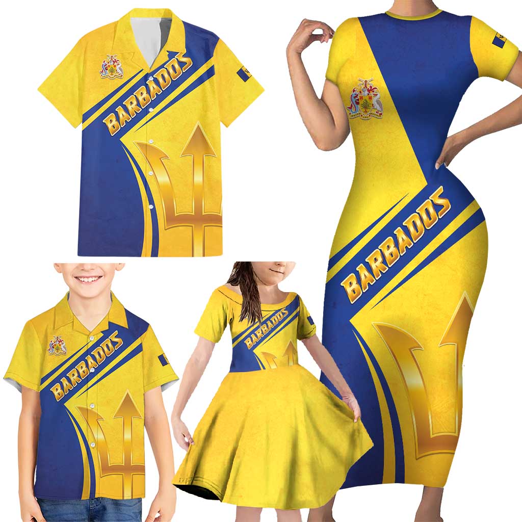 Barbados Gold Trident Family Matching Short Sleeve Bodycon Dress and Hawaiian Shirt With Coat Of Arms