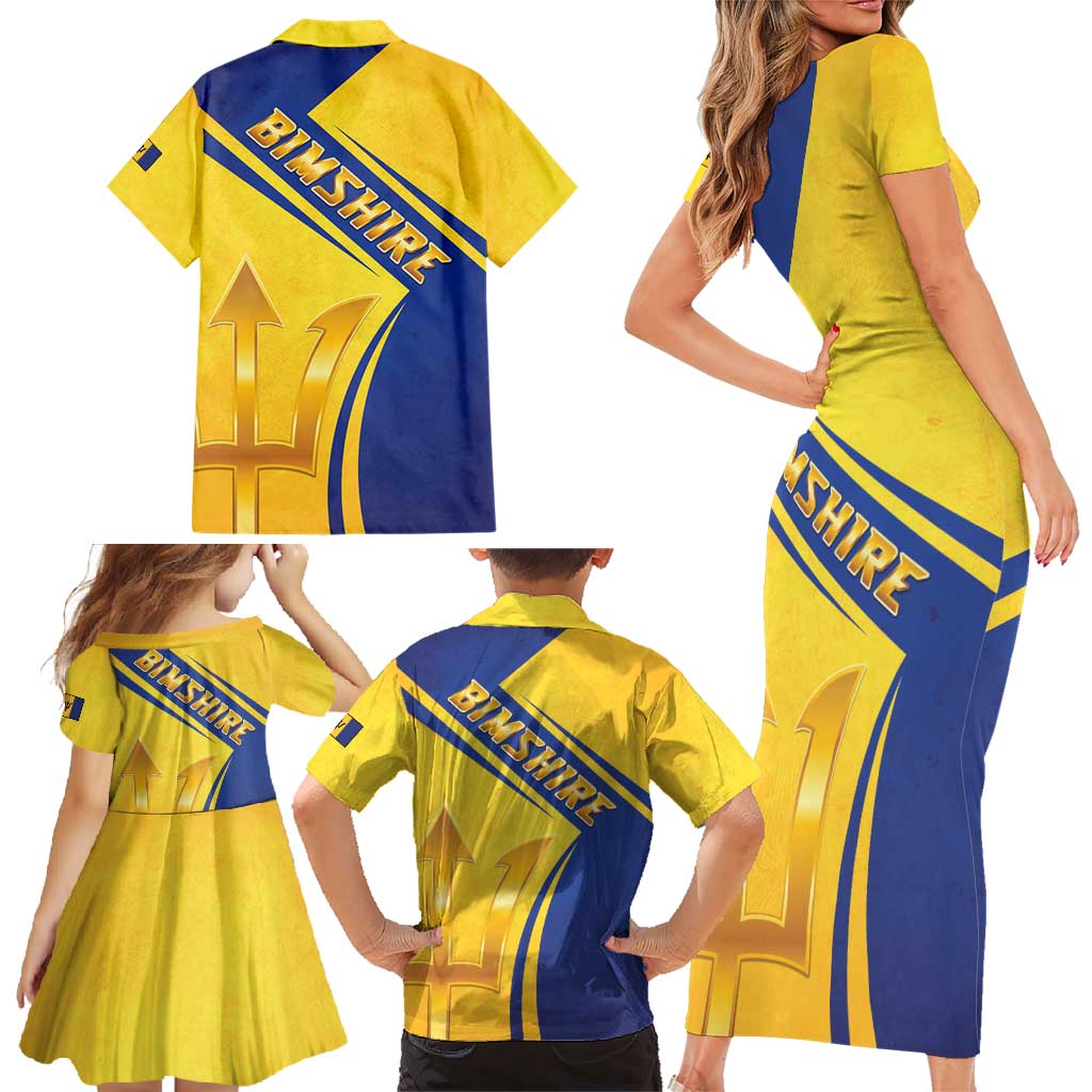 Barbados Gold Trident Family Matching Short Sleeve Bodycon Dress and Hawaiian Shirt With Coat Of Arms
