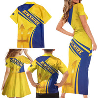 Barbados Gold Trident Family Matching Short Sleeve Bodycon Dress and Hawaiian Shirt With Coat Of Arms
