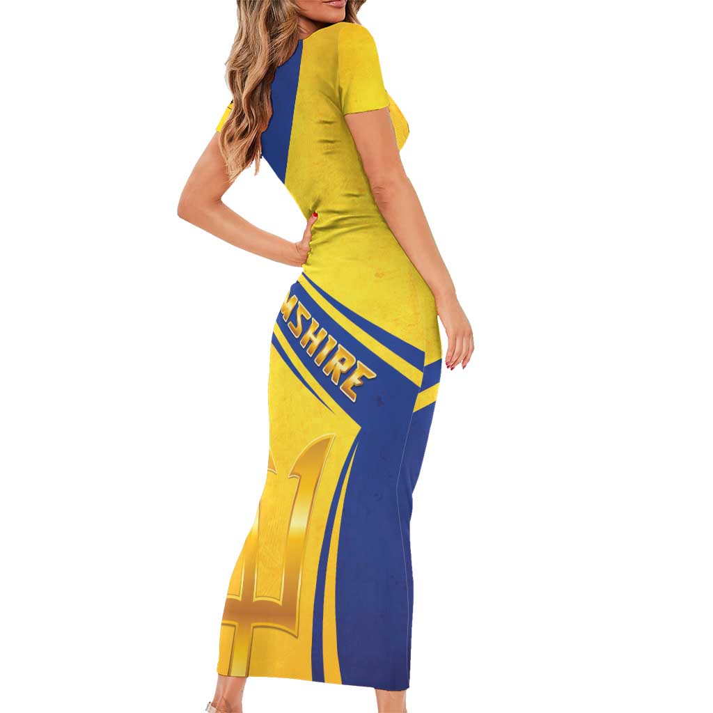 Barbados Gold Trident Family Matching Short Sleeve Bodycon Dress and Hawaiian Shirt With Coat Of Arms