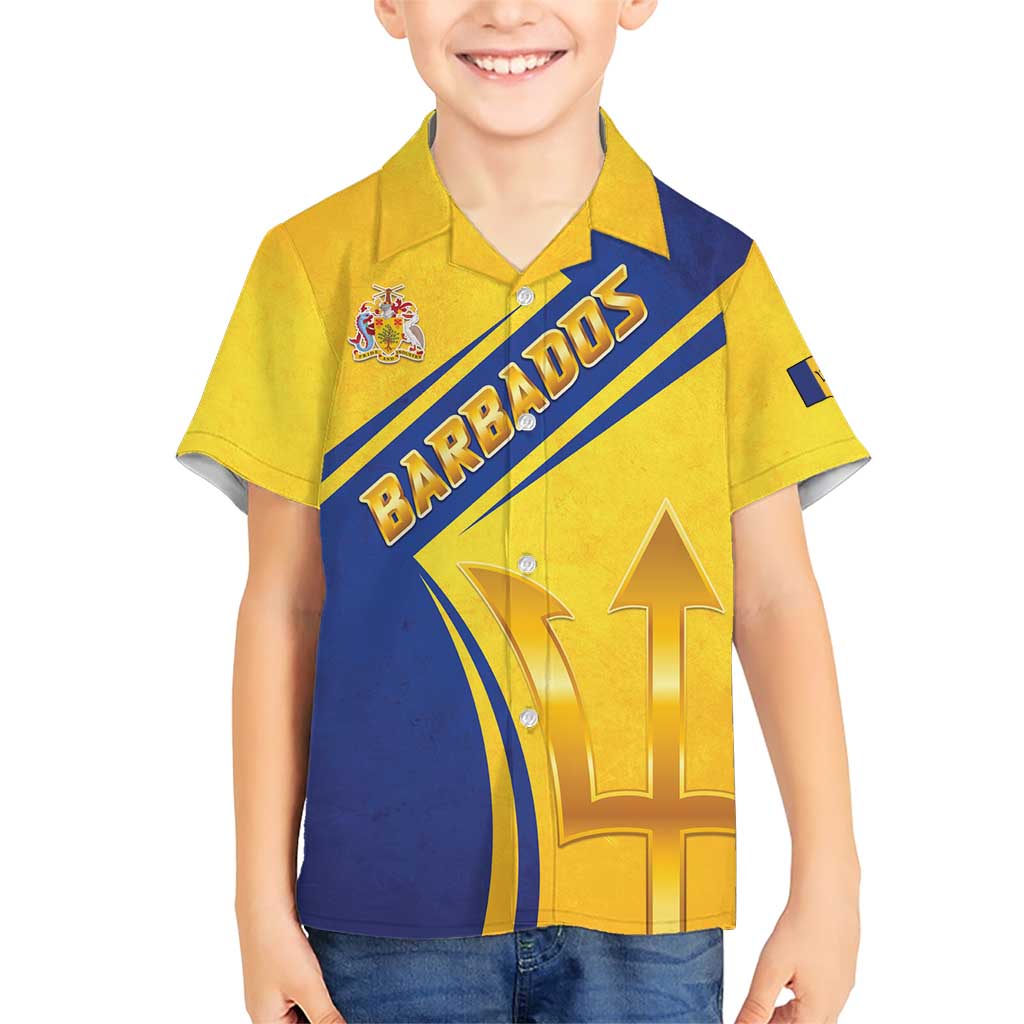 Barbados Gold Trident Family Matching Short Sleeve Bodycon Dress and Hawaiian Shirt With Coat Of Arms