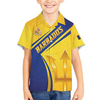 Barbados Gold Trident Family Matching Short Sleeve Bodycon Dress and Hawaiian Shirt With Coat Of Arms