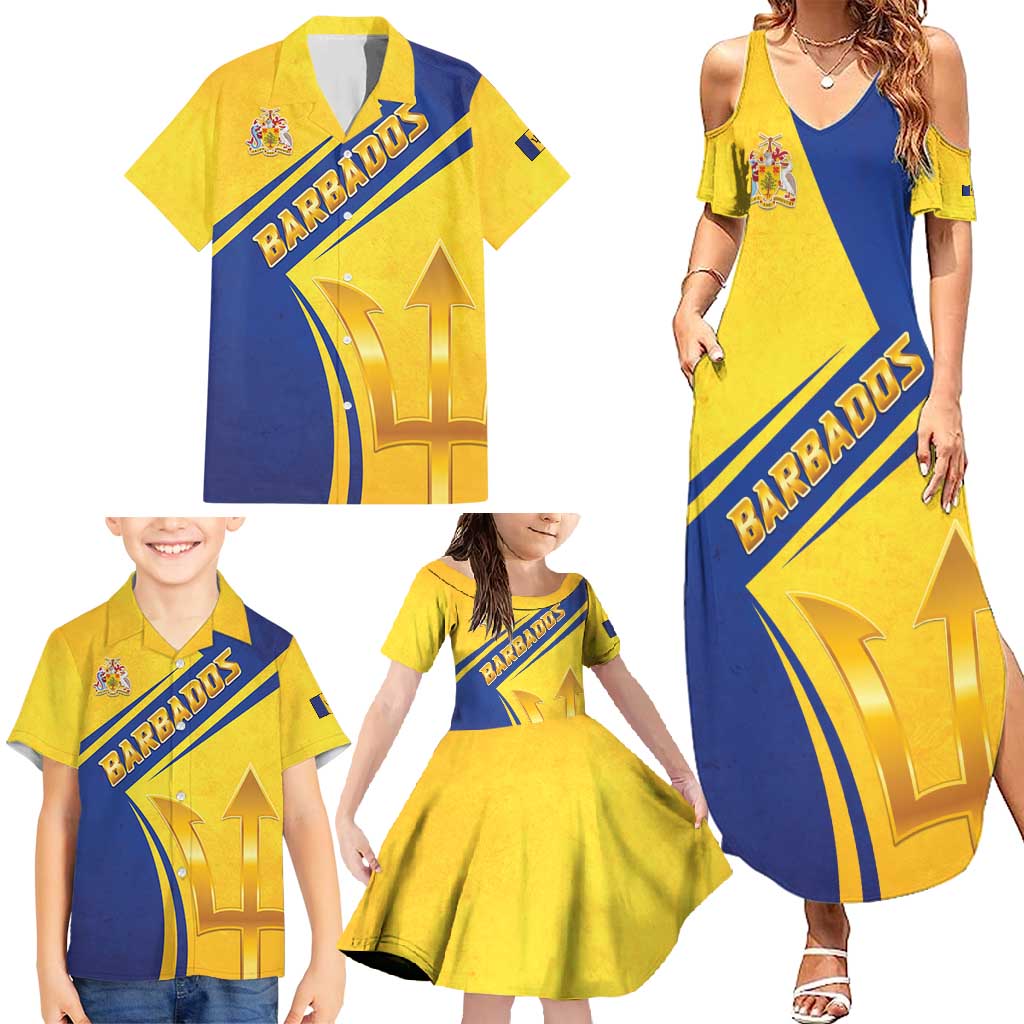 Barbados Gold Trident Family Matching Summer Maxi Dress and Hawaiian Shirt With Coat Of Arms