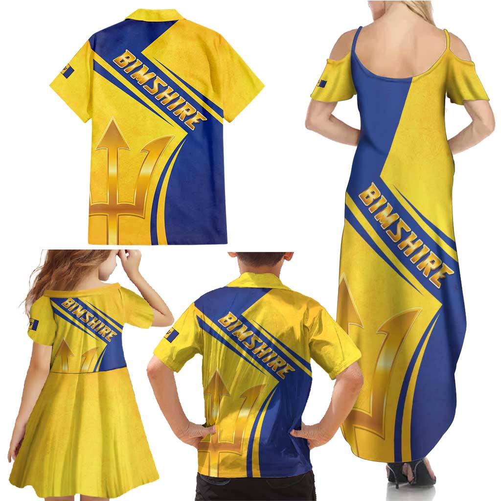 Barbados Gold Trident Family Matching Summer Maxi Dress and Hawaiian Shirt With Coat Of Arms