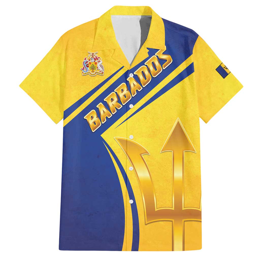 Barbados Gold Trident Family Matching Summer Maxi Dress and Hawaiian Shirt With Coat Of Arms