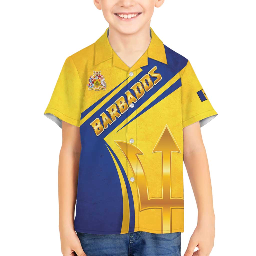 Barbados Gold Trident Family Matching Summer Maxi Dress and Hawaiian Shirt With Coat Of Arms