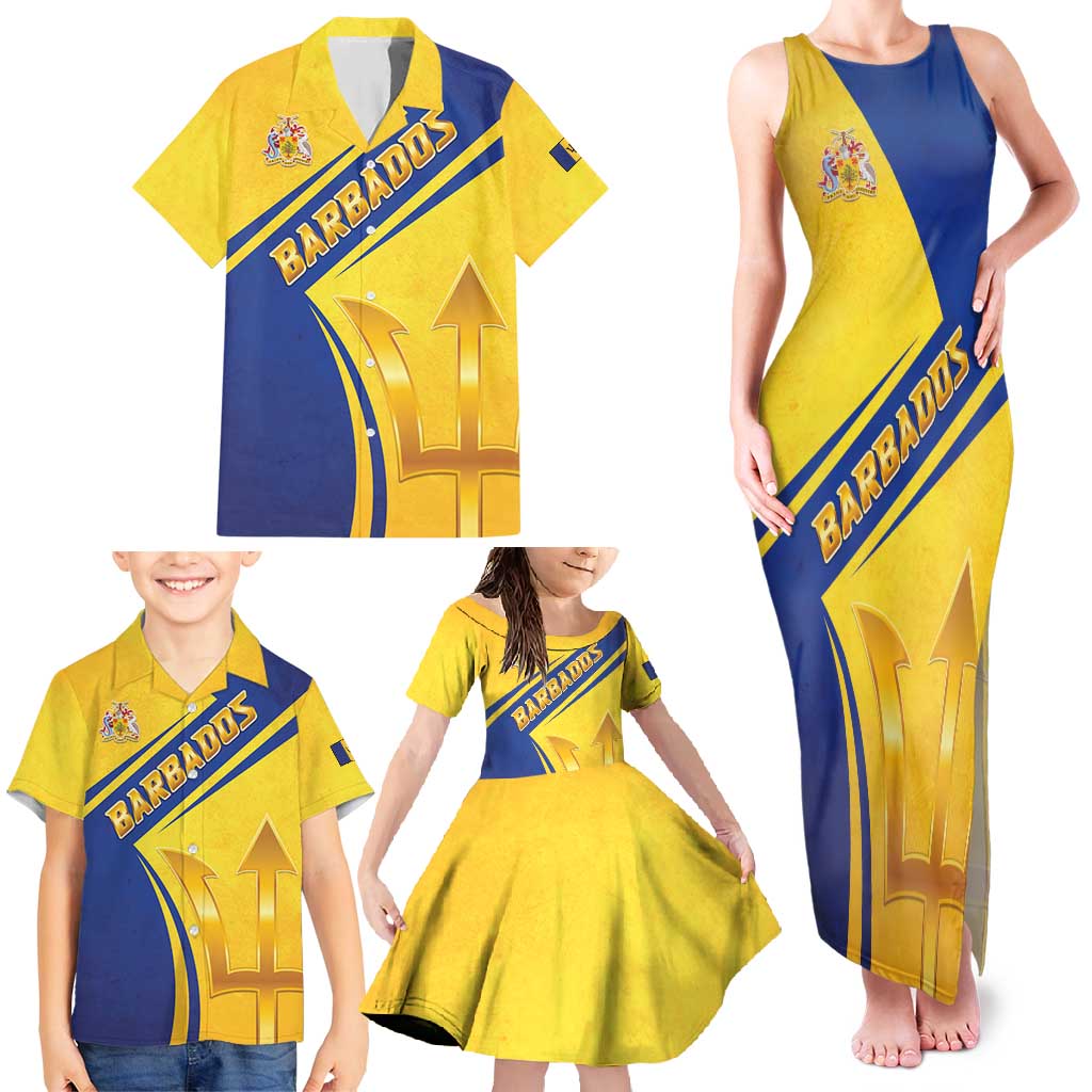 Barbados Gold Trident Family Matching Tank Maxi Dress and Hawaiian Shirt With Coat Of Arms
