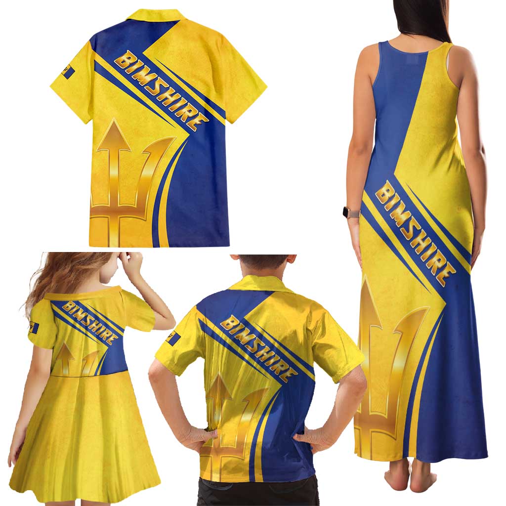 Barbados Gold Trident Family Matching Tank Maxi Dress and Hawaiian Shirt With Coat Of Arms