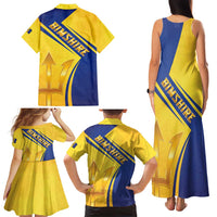 Barbados Gold Trident Family Matching Tank Maxi Dress and Hawaiian Shirt With Coat Of Arms