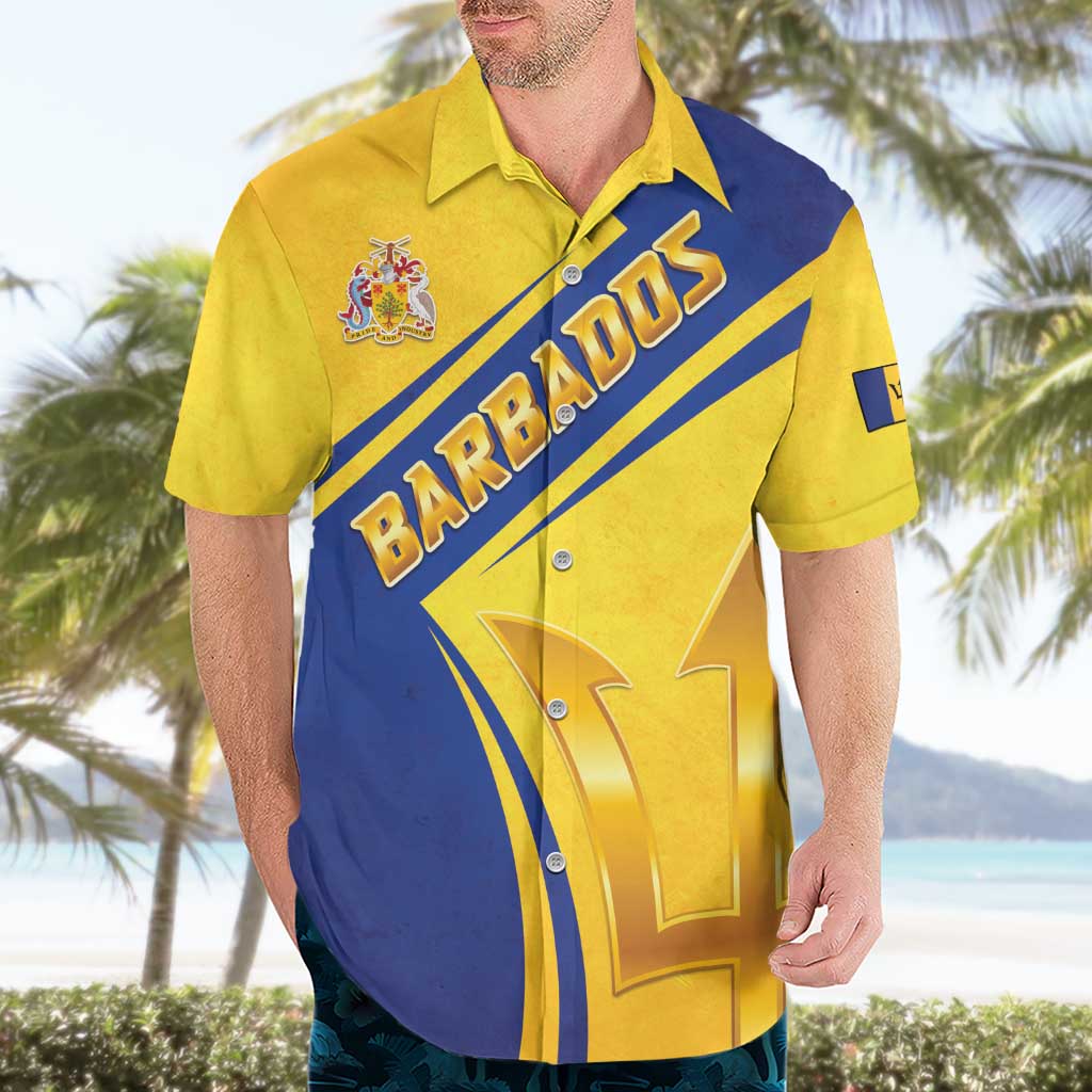 Barbados Gold Trident Hawaiian Shirt With Coat Of Arms