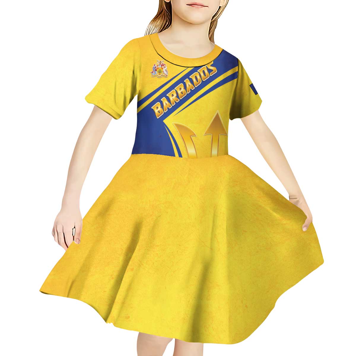 Barbados Gold Trident Kid Short Sleeve Dress With Coat Of Arms