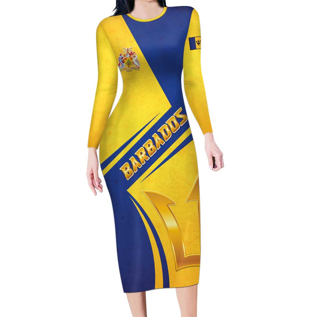 Barbados Gold Trident Long Sleeve Bodycon Dress With Coat Of Arms