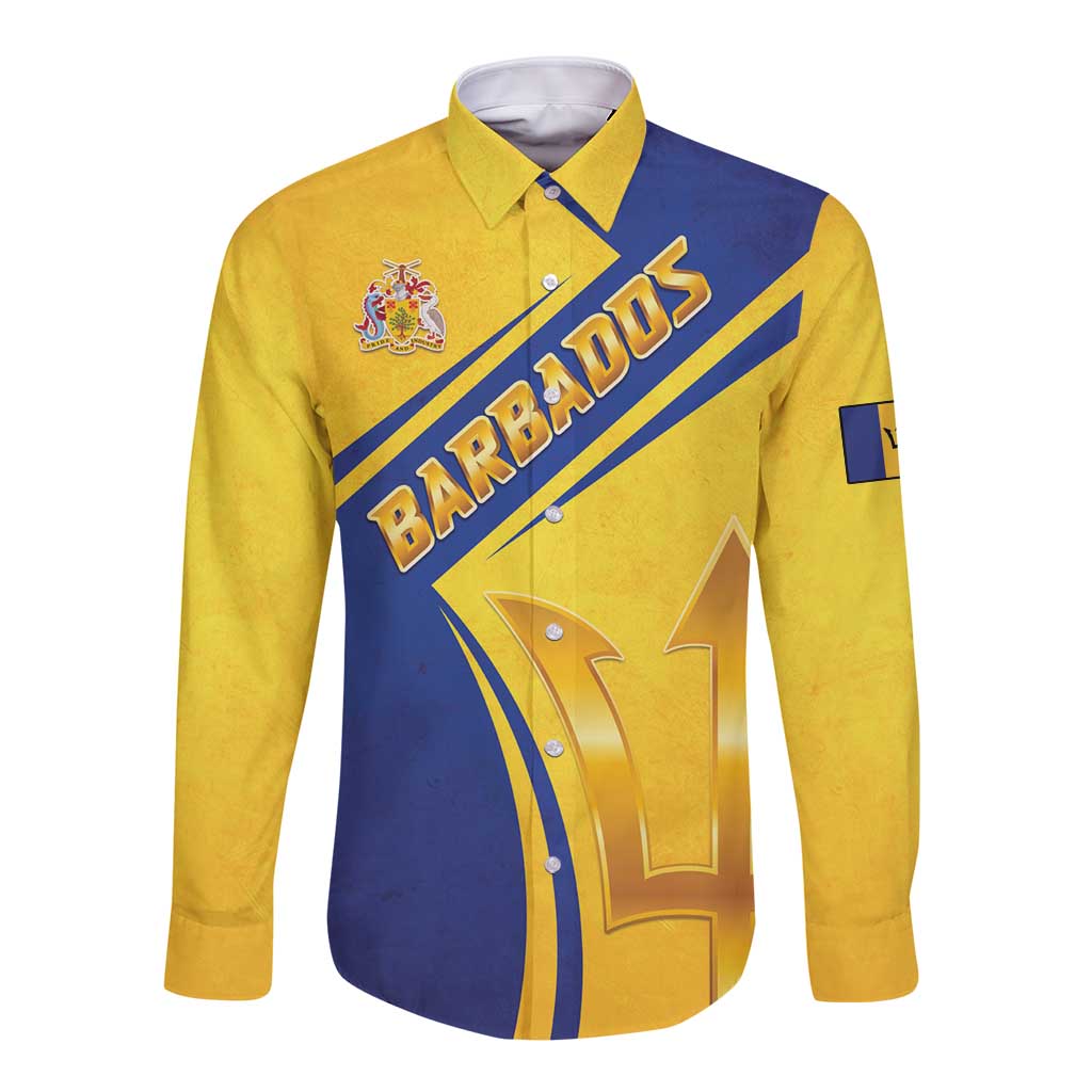 Barbados Gold Trident Long Sleeve Button Shirt With Coat Of Arms