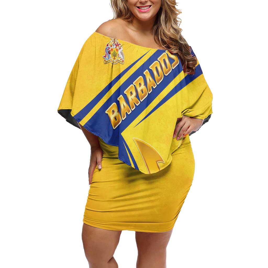 Barbados Gold Trident Off Shoulder Short Dress With Coat Of Arms