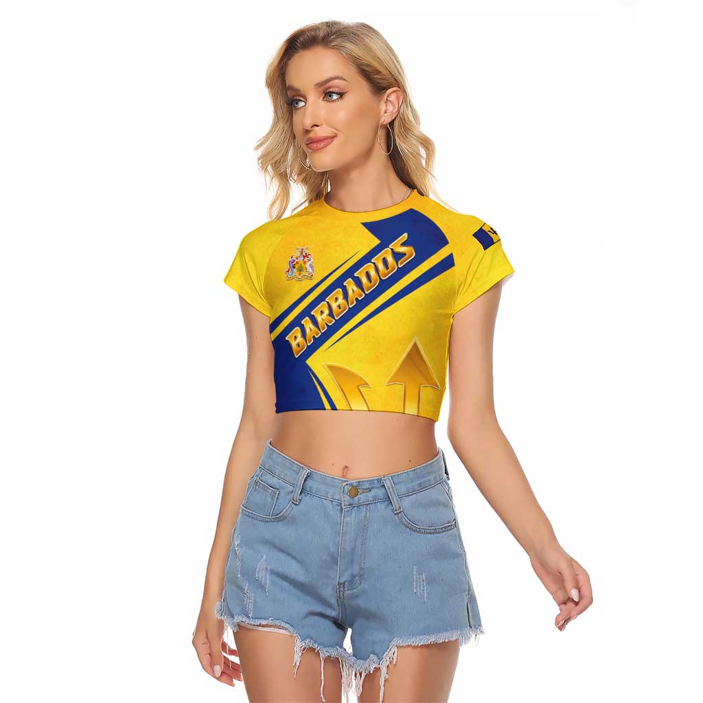 Barbados Gold Trident Raglan Cropped T Shirt With Coat Of Arms