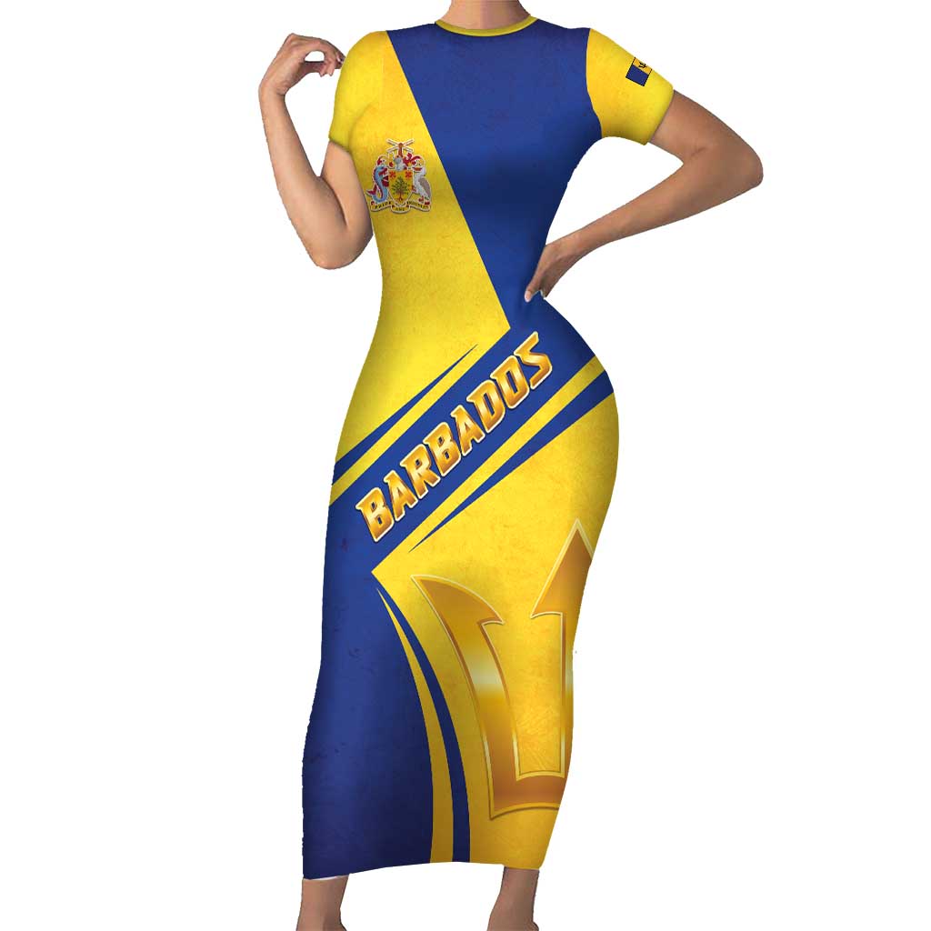 Barbados Gold Trident Short Sleeve Bodycon Dress With Coat Of Arms
