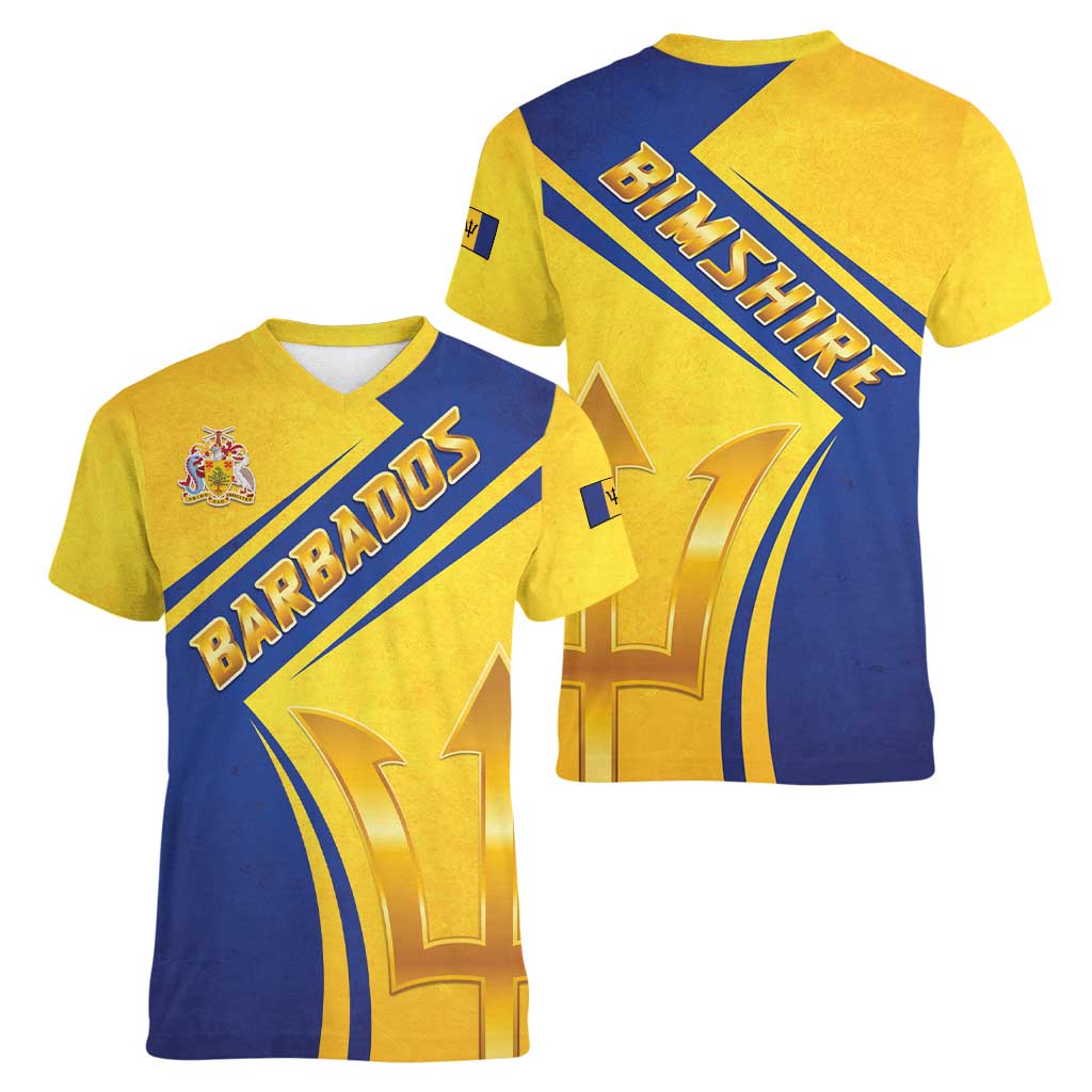 Barbados Gold Trident Women V-Neck T-Shirt With Coat Of Arms