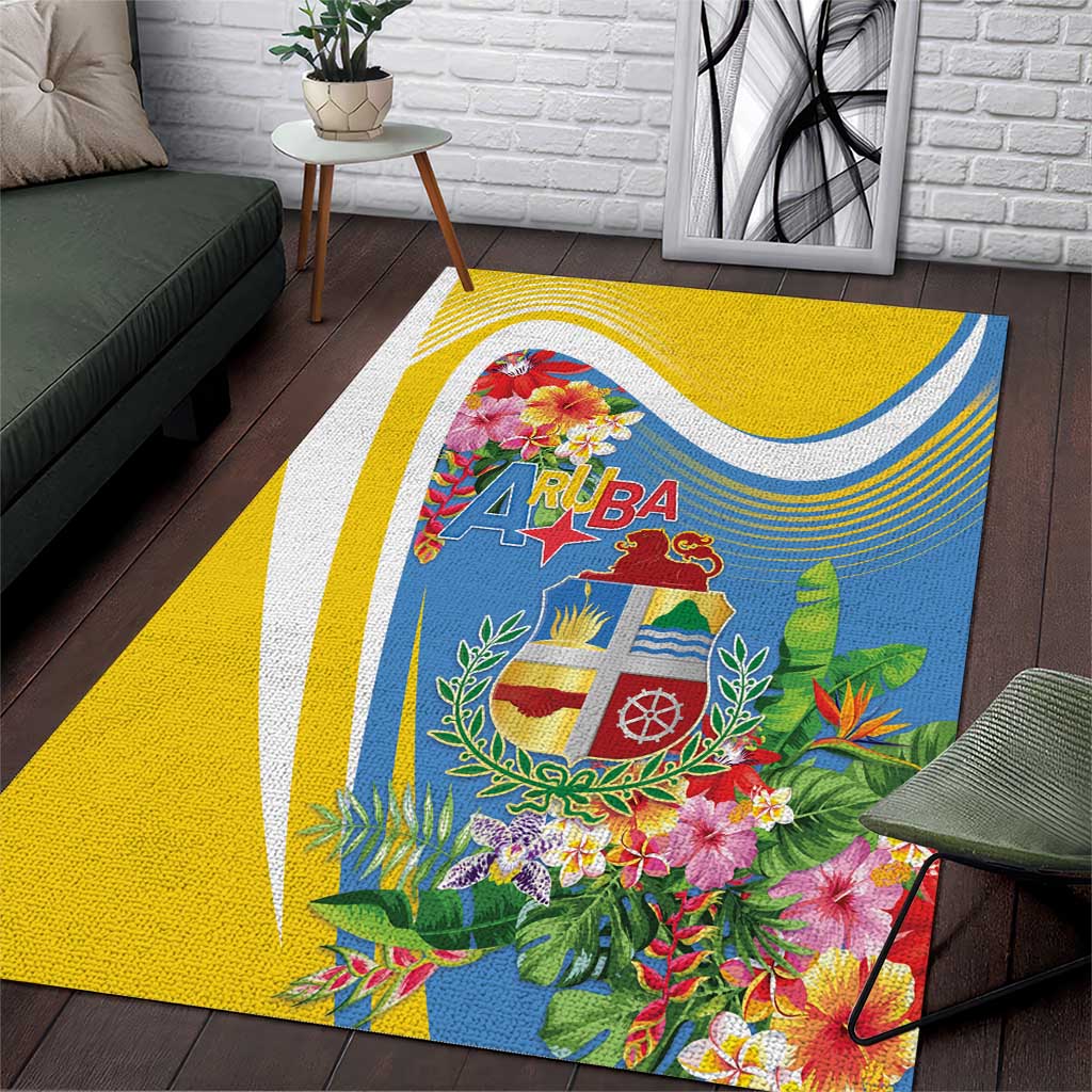 Aruba Area Rug Coat Of Arms With Tropical Flowers