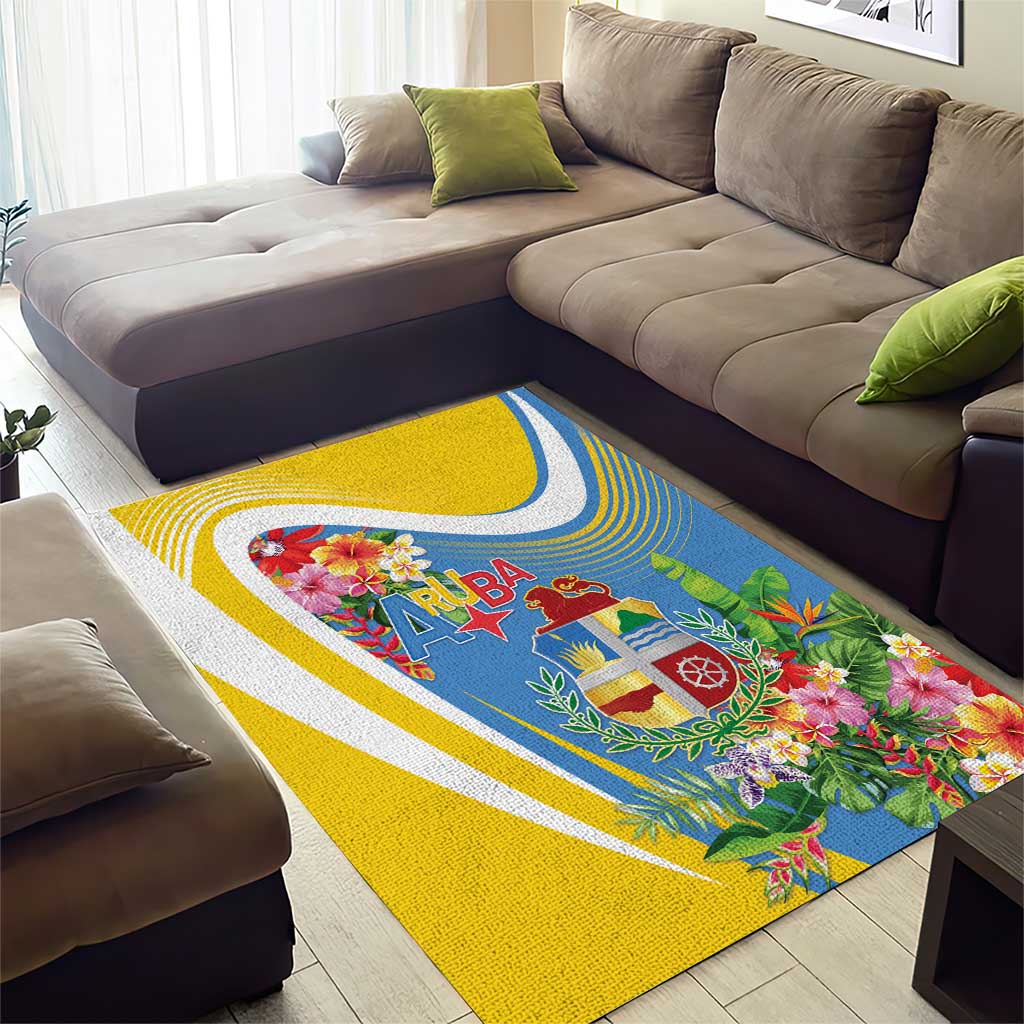 Aruba Area Rug Coat Of Arms With Tropical Flowers