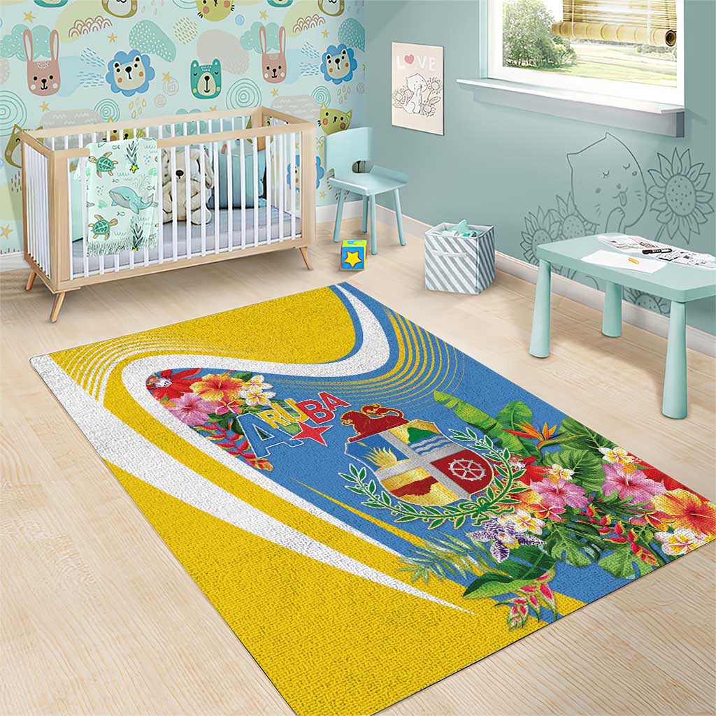 Aruba Area Rug Coat Of Arms With Tropical Flowers