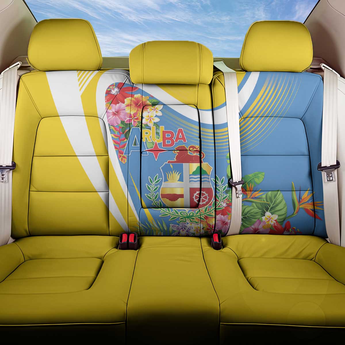 Aruba Back Car Seat Cover Coat Of Arms With Tropical Flowers