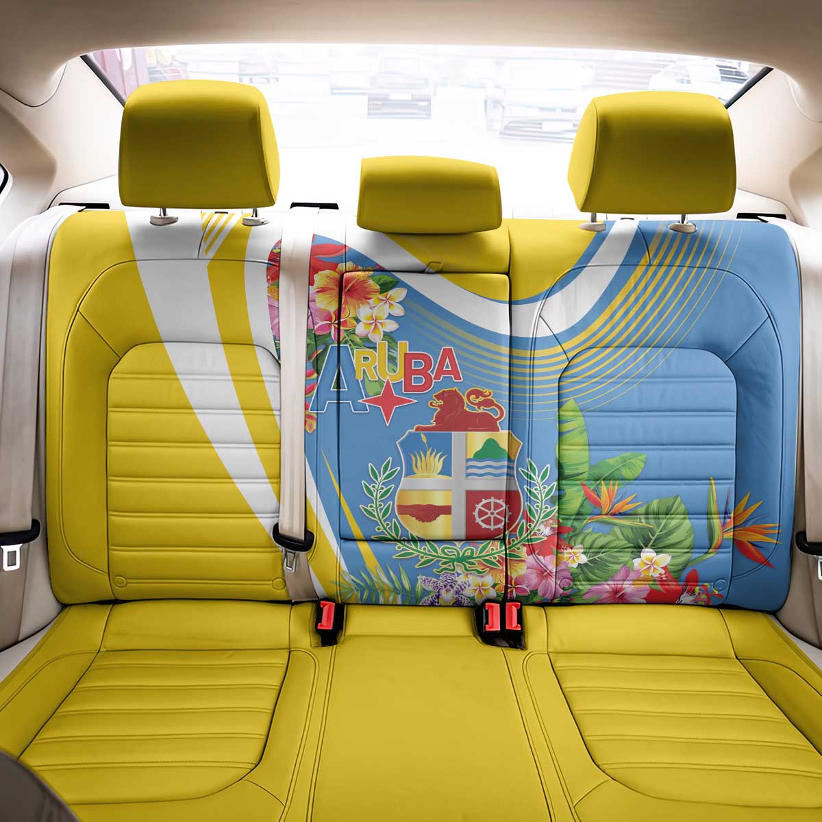 Aruba Back Car Seat Cover Coat Of Arms With Tropical Flowers