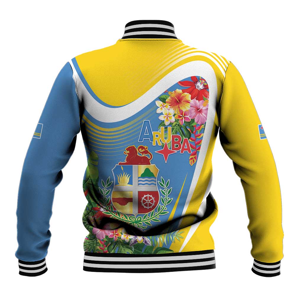 Aruba Baseball Jacket Coat Of Arms With Tropical Flowers
