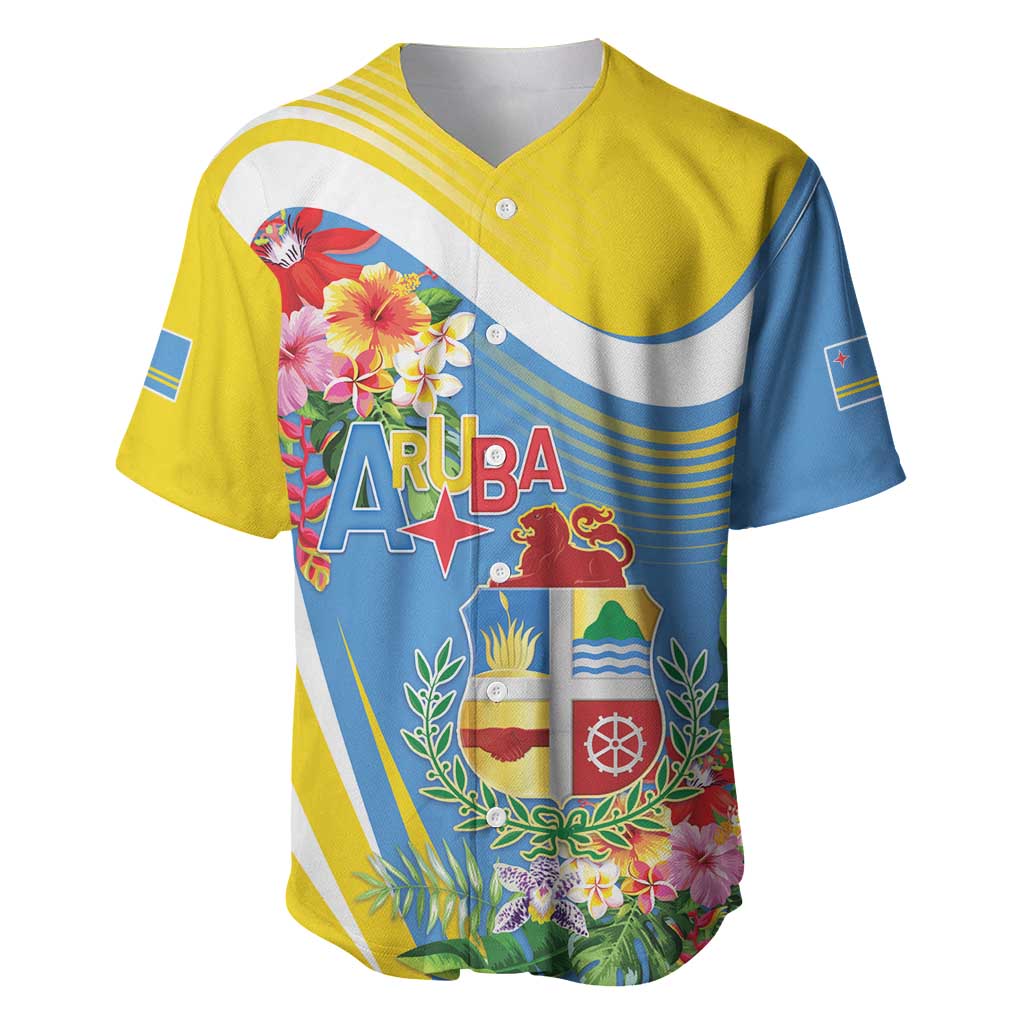 Aruba Baseball Jersey Coat Of Arms With Tropical Flowers