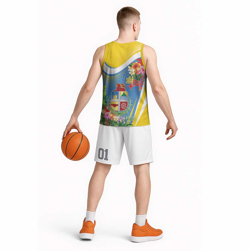 Aruba Basketball Jersey Coat Of Arms With Tropical Flowers