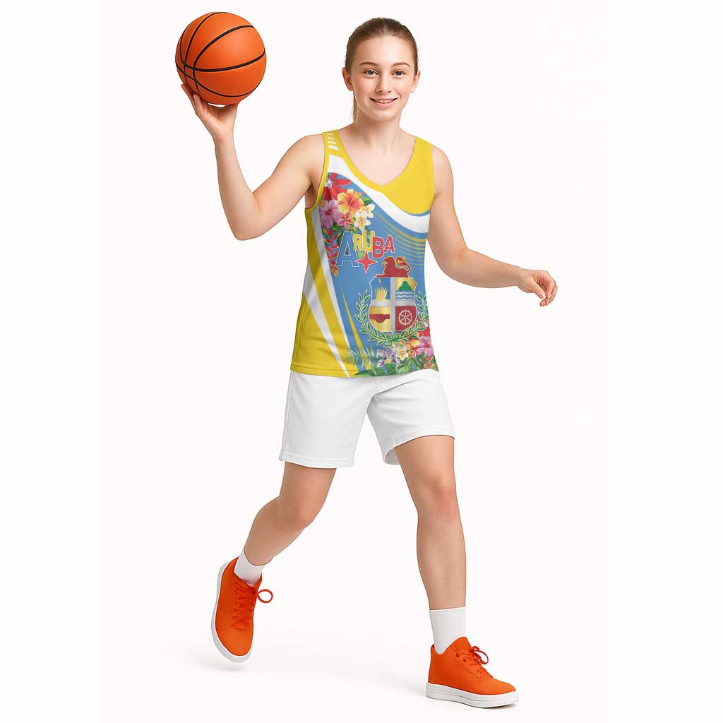 Aruba Basketball Jersey Coat Of Arms With Tropical Flowers