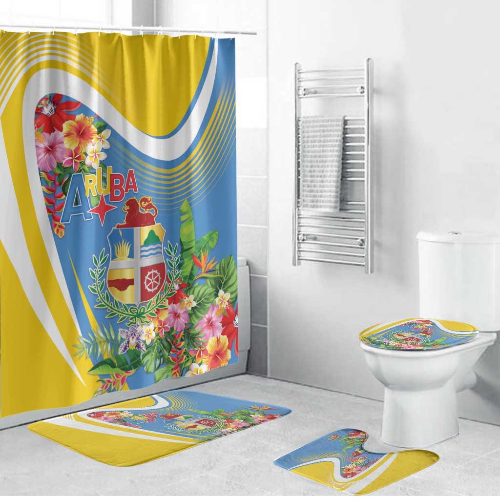 Aruba Bathroom Set Coat Of Arms With Tropical Flowers