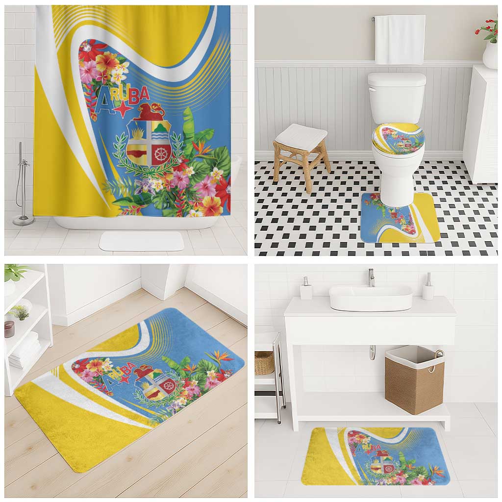 Aruba Bathroom Set Coat Of Arms With Tropical Flowers