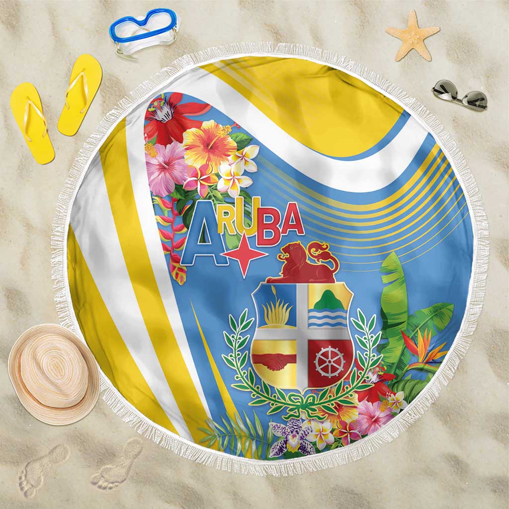 Aruba Beach Blanket Coat Of Arms With Tropical Flowers