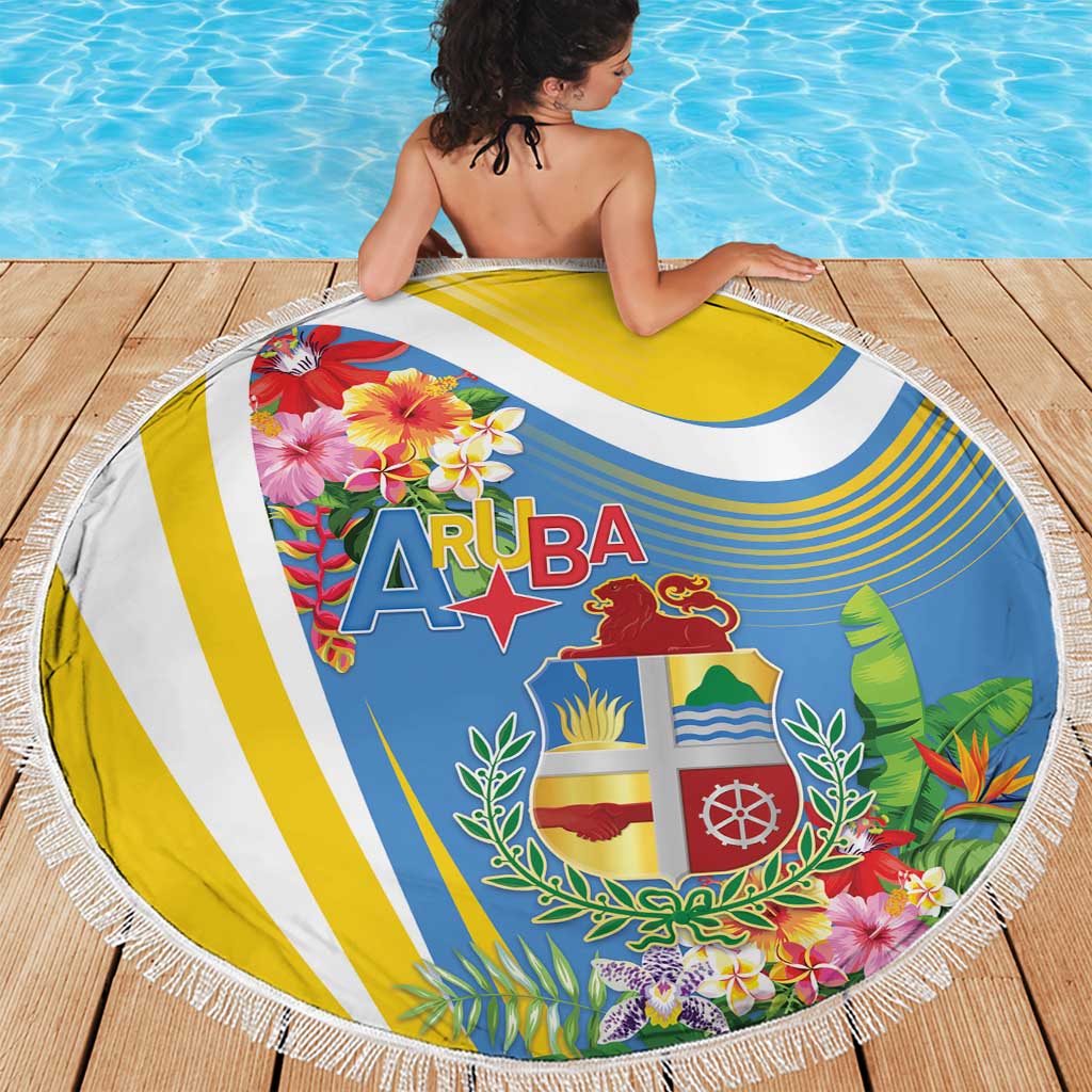 Aruba Beach Blanket Coat Of Arms With Tropical Flowers
