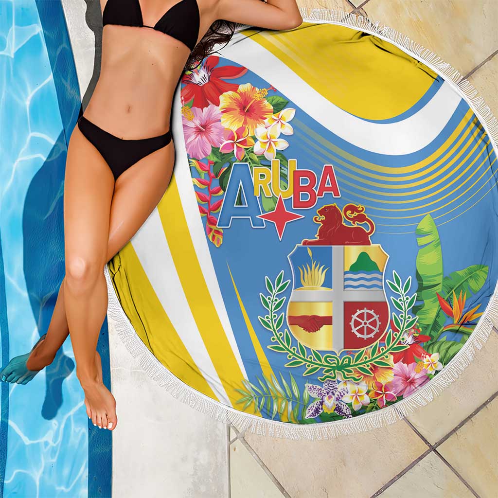 Aruba Beach Blanket Coat Of Arms With Tropical Flowers