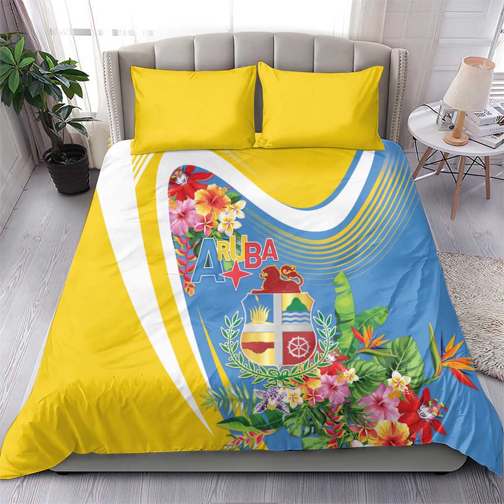 Aruba Bedding Set Coat Of Arms With Tropical Flowers