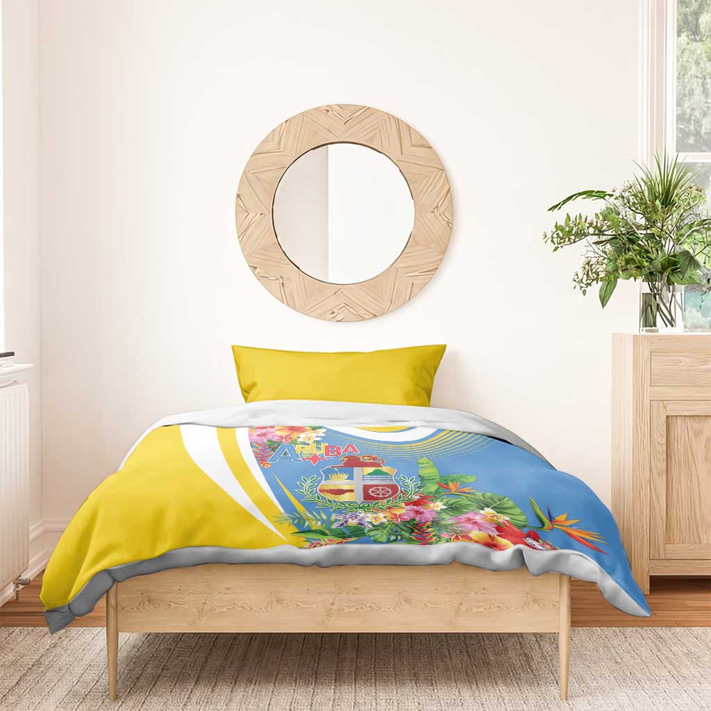 Aruba Bedding Set Coat Of Arms With Tropical Flowers