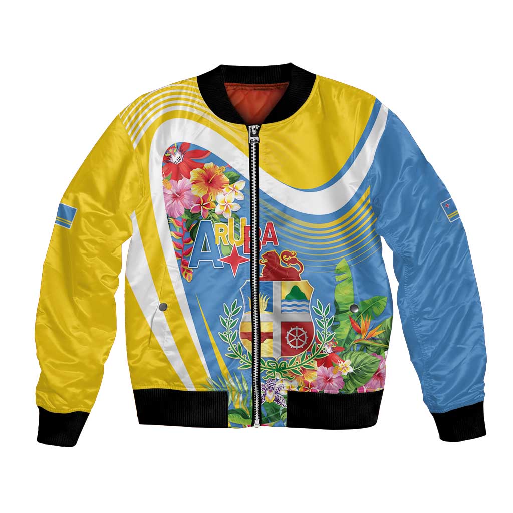 Aruba Bomber Jacket Coat Of Arms With Tropical Flowers