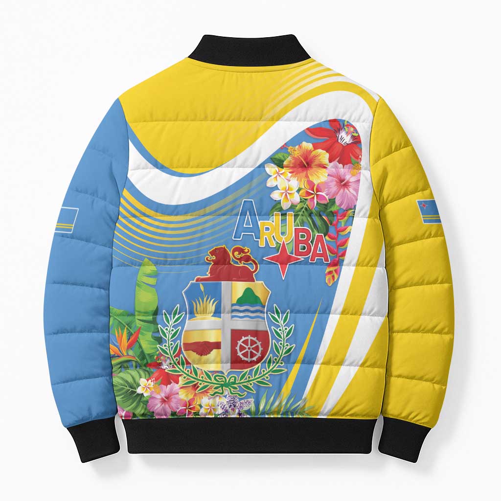 Aruba Bomber Puffer Jacket Coat Of Arms With Tropical Flowers