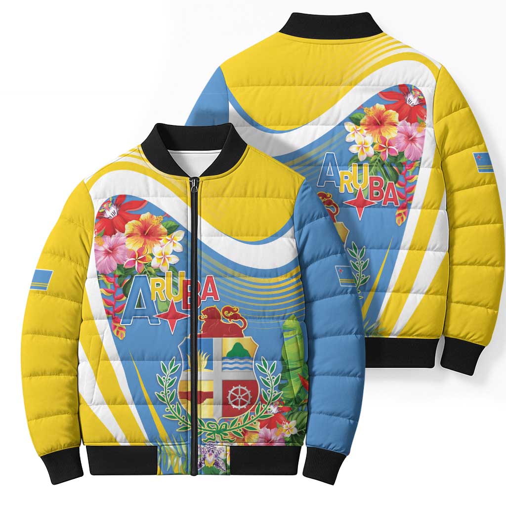 Aruba Bomber Puffer Jacket Coat Of Arms With Tropical Flowers