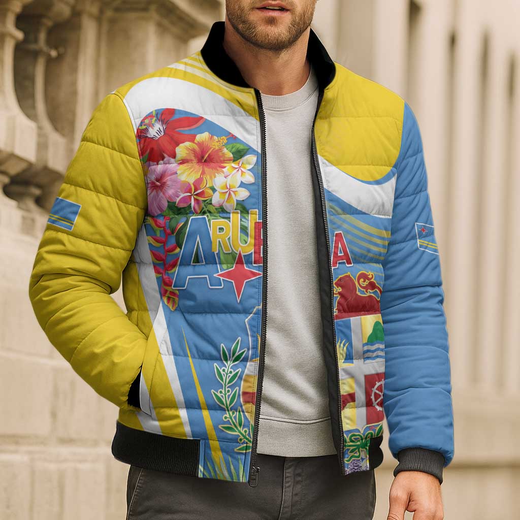 Aruba Bomber Puffer Jacket Coat Of Arms With Tropical Flowers