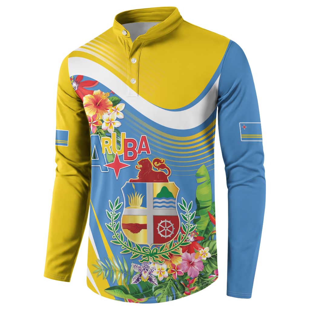 Aruba Button Sweatshirt Coat Of Arms With Tropical Flowers
