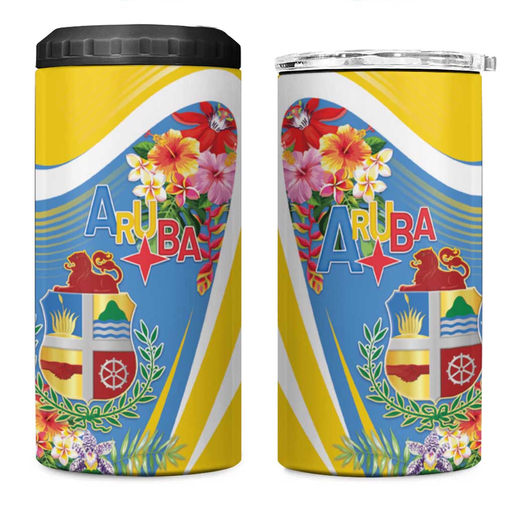 Aruba 4 in 1 Can Cooler Tumbler Coat Of Arms With Tropical Flowers
