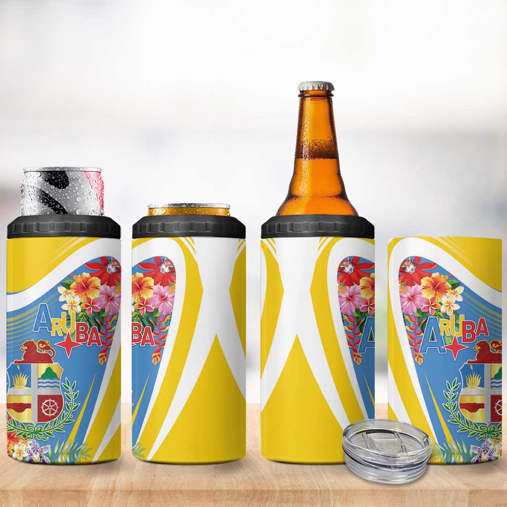 Aruba 4 in 1 Can Cooler Tumbler Coat Of Arms With Tropical Flowers