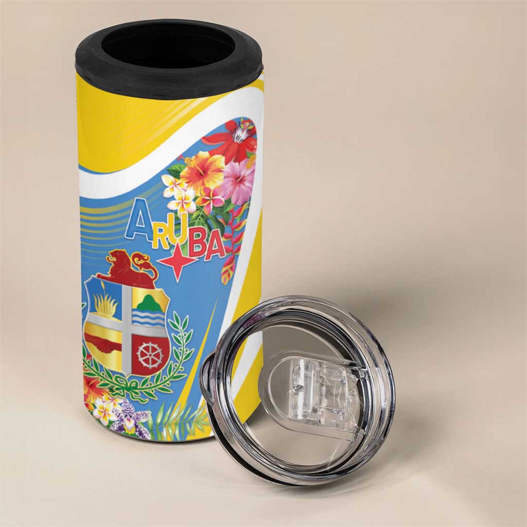 Aruba 4 in 1 Can Cooler Tumbler Coat Of Arms With Tropical Flowers