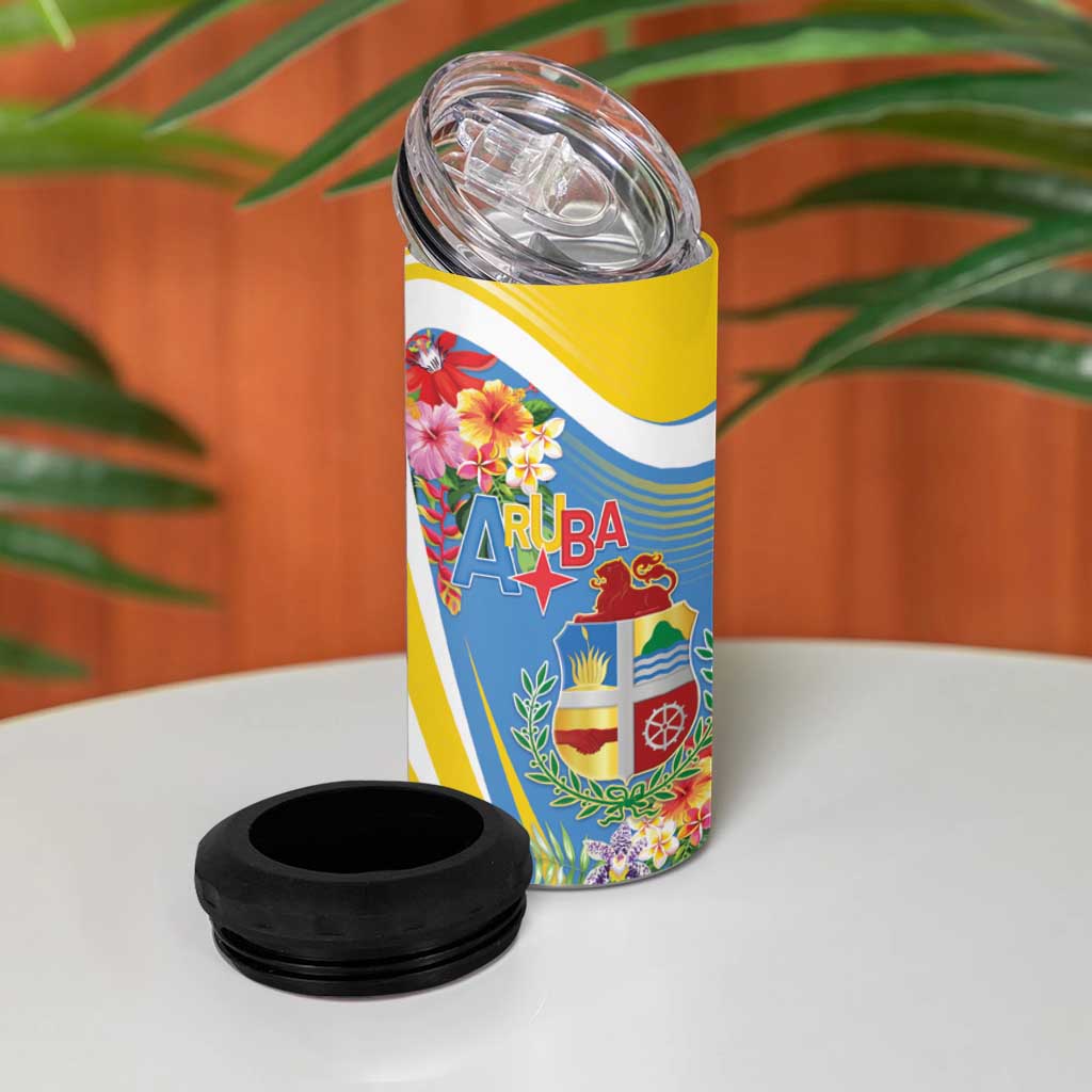 Aruba 4 in 1 Can Cooler Tumbler Coat Of Arms With Tropical Flowers
