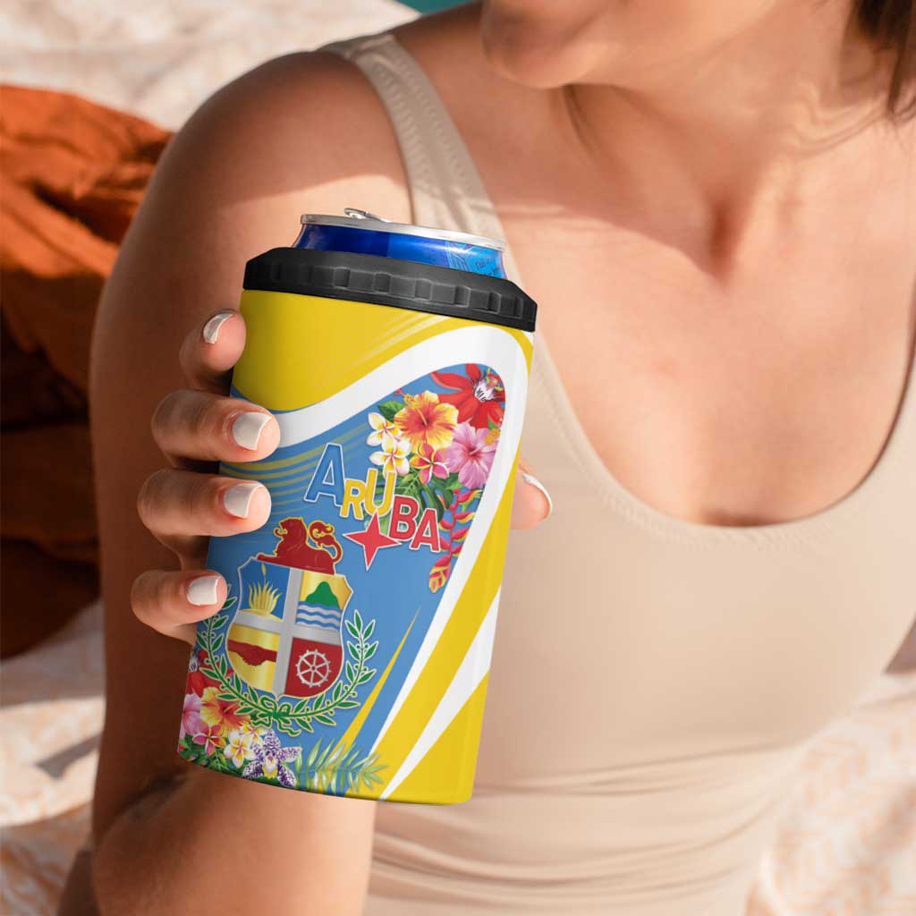 Aruba 4 in 1 Can Cooler Tumbler Coat Of Arms With Tropical Flowers
