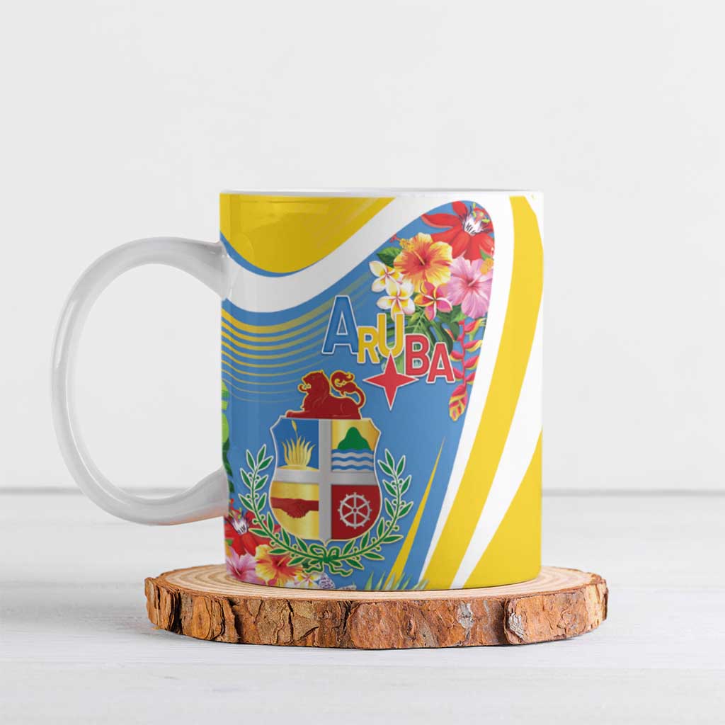 Aruba Ceramic Mug Coat Of Arms With Tropical Flowers