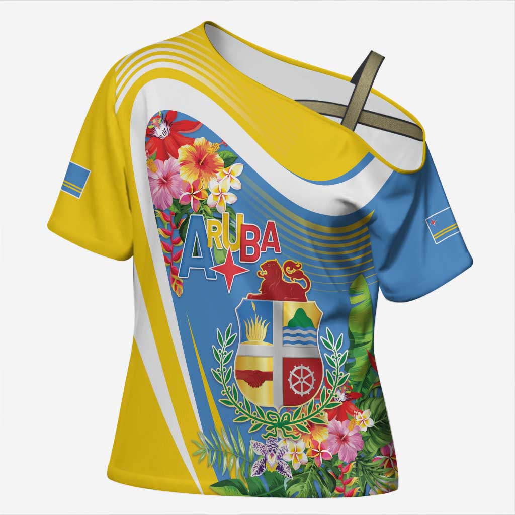 Aruba Cross Shoulder Shirt Coat Of Arms With Tropical Flowers