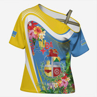 Aruba Cross Shoulder Shirt Coat Of Arms With Tropical Flowers